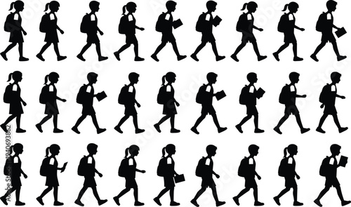 school kids walking silhouettes set, students with backpacks and books collection, children going to school isolated black vector