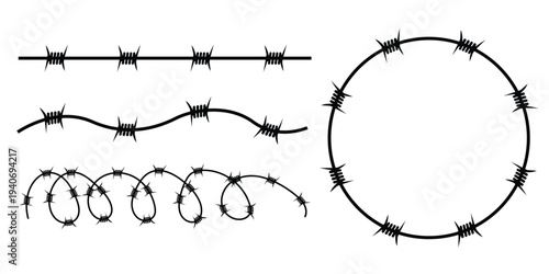 Barbed Wire Designs: Straight Line, Wave, Spiral, and Circle Vector Graphics