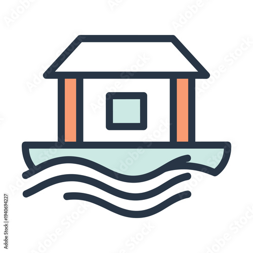 Houseboat on water icon showing floating home architecture for vacation and recreation