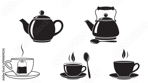 A collection of teapots and tea cups in various settings and viewpoints, showcasing different aspects of tea culture and service.