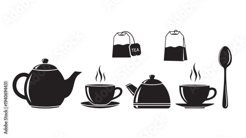 Tea time setup with teapot, cups, sugar bowls, and spoon on a clean surface from a straightforward viewpoint.
