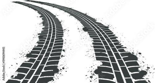 Dynamic illustration of dirty tire tracks curving upwards, suggesting movement, off-road travel, or a challenging path ahead with muddy splatters