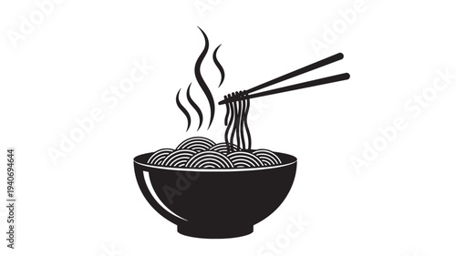 A steaming bowl of noodles being picked up by chopsticks, an illustration of Asian cuisine, from a front view, in a minimalist style.