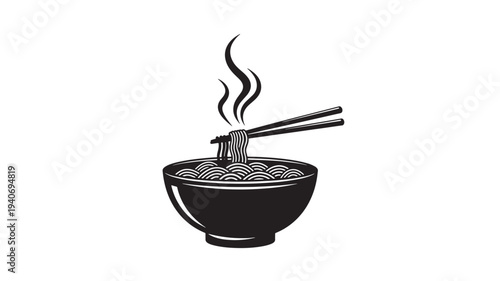 Steaming hot noodles in a bowl with chopsticks, a common food scene in Asian culture, illustrated from a straightforward viewpoint.