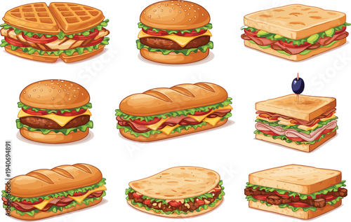 Various delicious fast food sandwiches and burgers with fresh ingredients on transparent background.