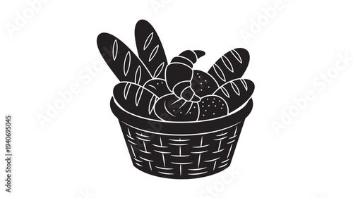 A woven basket filled with various types of bread, including baguettes and buns, viewed from above in a simple illustration style.