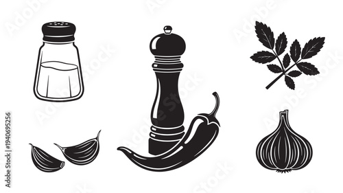 Illustration of various seasonings and ingredients including peppercorns, chili peppers, garlic cloves, salt, and herbs arranged neatly for culinary use.