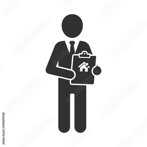 A male realtor holding a clipboard with a house icon, representing real estate services