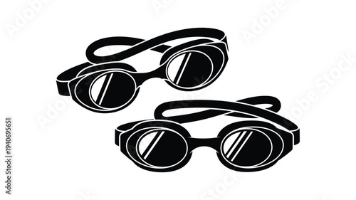 Two pairs of swimming goggles shown in a stark black silhouette
