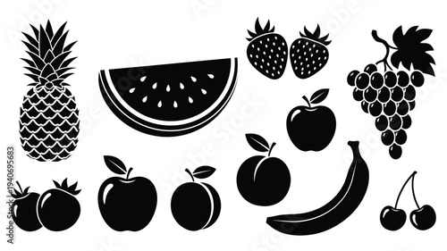 Variety of fresh fruits depicted in a bold black silhouette