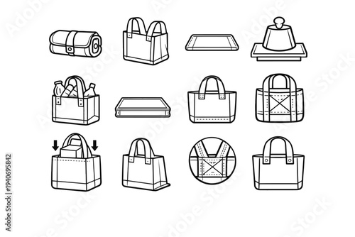 Shopping vector design foldable stitching panel bag icon durability grocery modern item