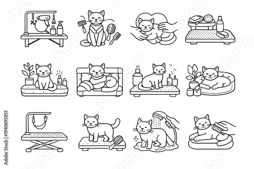Thoughtful indoor care icon gentle pet vector cat grooming calm icons solution