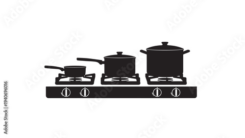 Illustration of cooking utensils on a stovetop with pots and pans from a front viewpoint in a kitchen setting