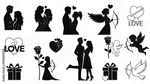 Romantic couples hearts and cupid designs in a black silhouette