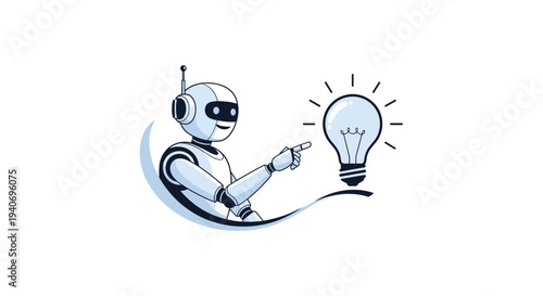 Friendly AI Robot Points to a Bright Idea Lightbulb