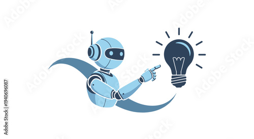 AI Robot Points to a Bright Idea Light Bulb Symbol