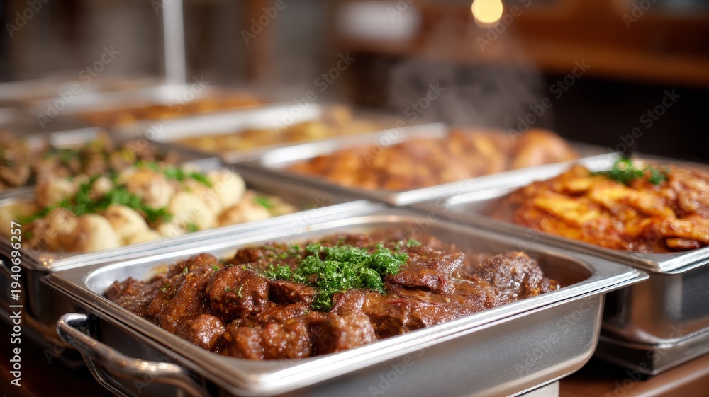 Obraz premium Delicious buffet with diverse savory dishes in banquet setting
