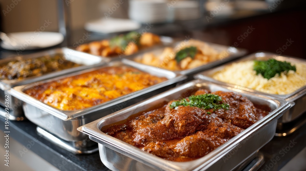 Obraz premium Assorted buffet dishes in stainless steel trays at catering event