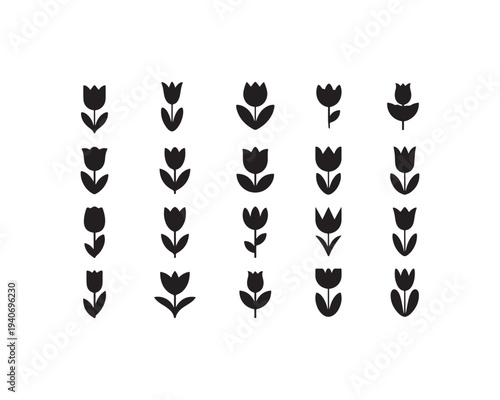 A grid of twenty-five black silhouette tulip with simple stems and varied petal formations on a white background representing