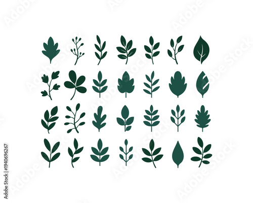 A grid of twenty-five dark green silhouette leaf of various shapes and sizes with thin stems on a white background representing