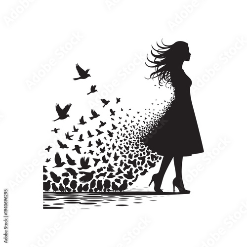 A woman's silhouette in a dress and heels is depicted with her lower body fragmenting into a flock of birds flying towards a