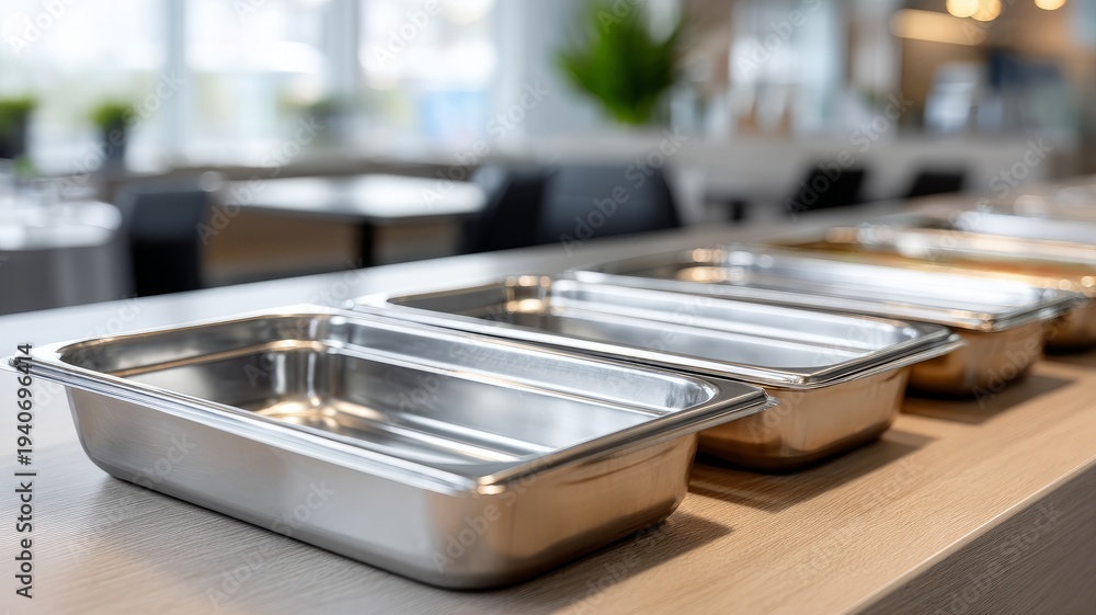 Obraz premium Stainless steel food trays on modern cafeteria counter