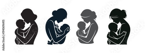 Mother and Child Silhouette Vector Set , Mom Love, Motherhood and Family Care Illustration Collection