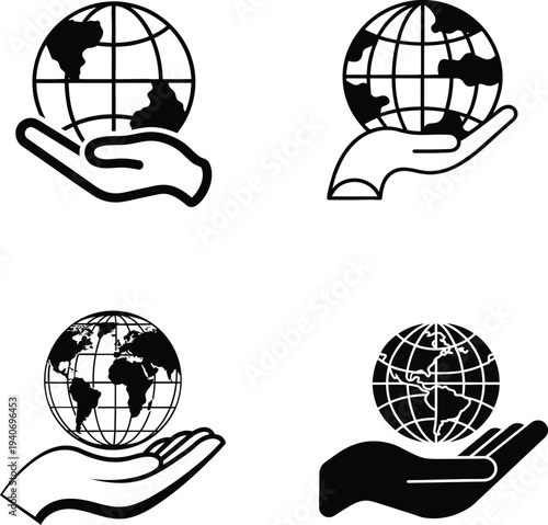 Global environmental protection, worldwide earth care, outline icon. Line sign globe with latitude and longitude in hand. 