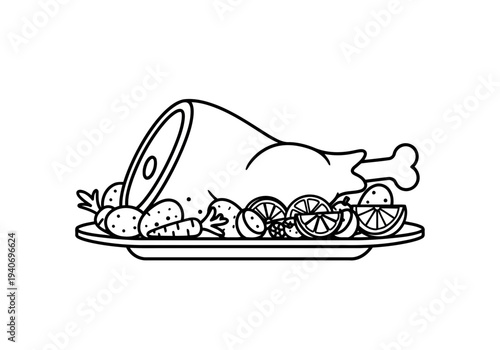A simply fine black and white line drawing of a yummy roasted turkey leg on a large platter with fruits and vegetables