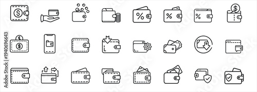 Wallet and payment outline icon set featuring money dollar coin, credit card in hand, mobile banking, digital savings, secure transaction more vector illustration or editable stroke.