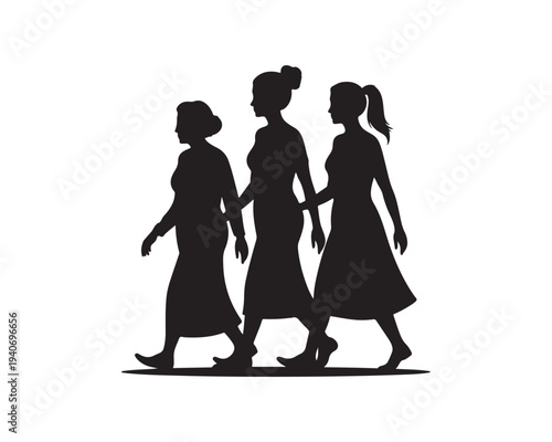 Silhouette of three women of different ages walking in a line from left to right on a white background Keywords: silhouette