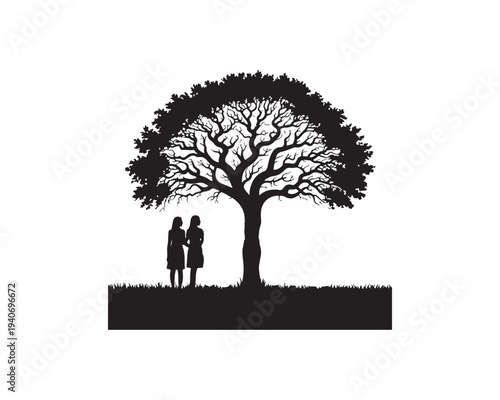Silhouette of two young women standing side by side under the branches of a large, detailed tree with grass at its base