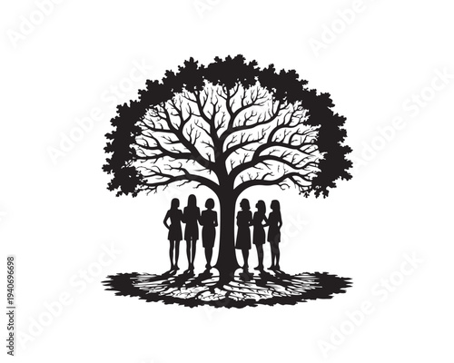 Six female silhouettes stand together beneath a large, detailed black tree with extensive roots and a full canopy on a white