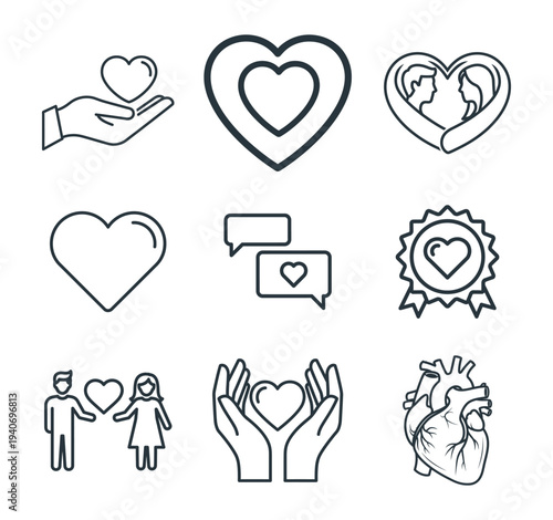 A collection of heart icons depicting love care and affection in various styles