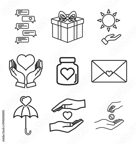 A collection of linear icons depicting gifts love care and charitable giving concepts