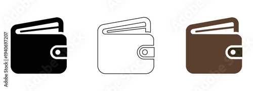 Vector wallet icons set black filled white outline brown money purse cash finance payment billfold simple line illustration collection