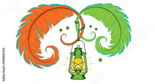 Vintage Green Kerosene Lantern Hanging from Vibrant Feather Archway Vector