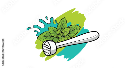 Professional Cocktail Muddler with Fresh Mint Leaves and Dynamic Water Splash Vector