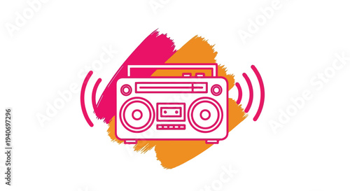 A minimalist vector-style illustration of a vintage boombox radio with radiating sound waves, set against vibrant pink and orange textured artistic brush strokes.