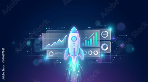 startup rocket launch with business growth data dashboard showing financial success and professional analytic charts on dark blue background for corporate mission concepts