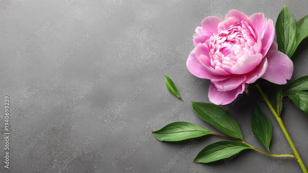 Fototapeta premium Lush pink bloom rests diagonally upon a textured gray surface with foliage
