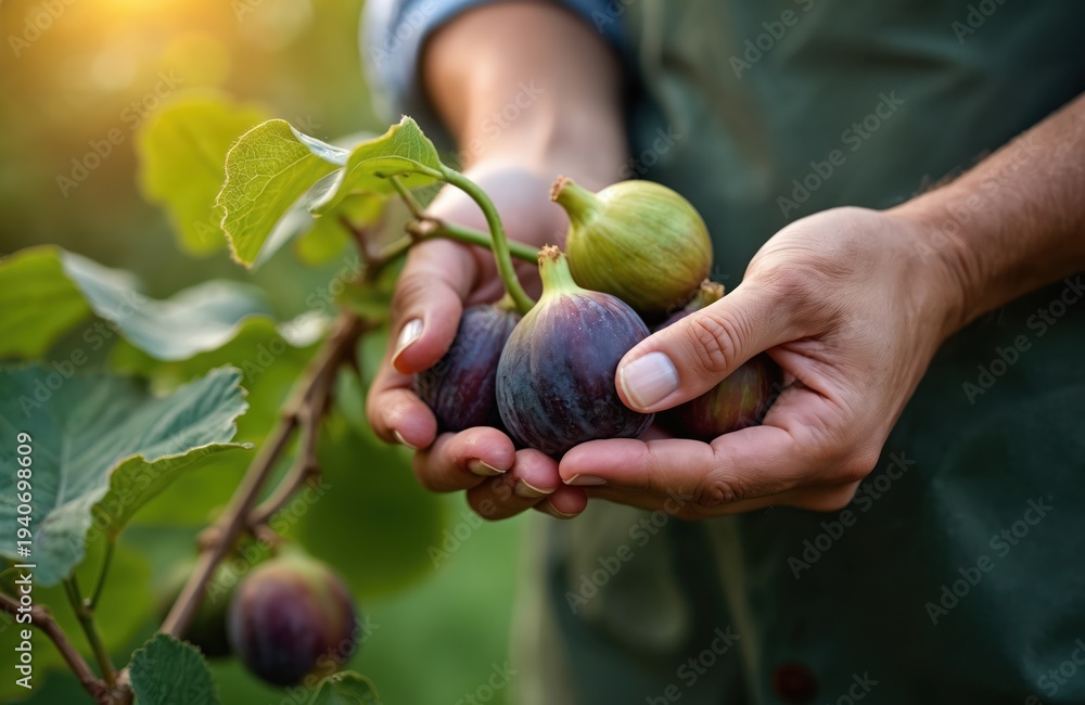 Fototapeta premium Hands hold ripe purple and green fig fruits from tree branch. Person harvests fresh produce in garden. Focus on fruit picking and healthy food preparation.