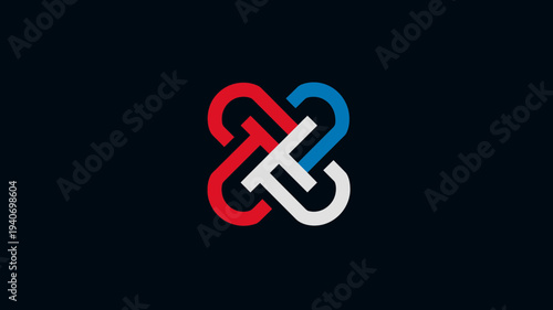 Abstract geometric logo design featuring intertwined red, blue, and white shapes on a dark background, modern icon graphic
