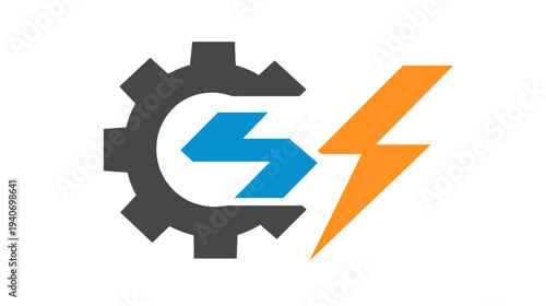 Gear cogwheel with lightning bolt energy symbol for engineering, industrial power, mechanical solutions, and electricity technology
