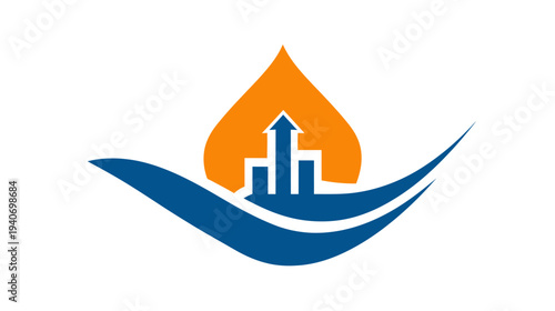 Abstract graphic symbol of financial growth, energy development, and progress with upward arrow and fluid elements.
