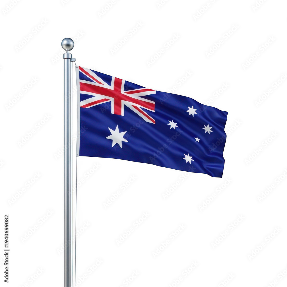 Fototapeta premium Australian flag waving on silver pole isolated on transparent background