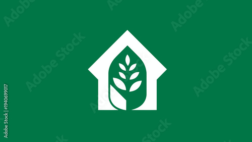 Eco-friendly house symbol with stylized plant and grain elements on a green background. Sustainable home, nature, organic growth icon.