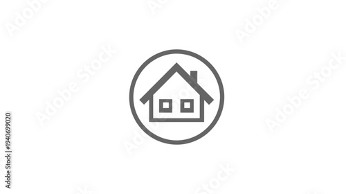Minimalist gray house home icon in a circle. Simple graphic symbol for property, real estate, address, web button, or app UI.