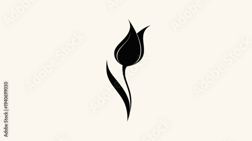 Elegant black tulip silhouette, minimalist floral graphic design element, single flower bloom vector icon on a light background