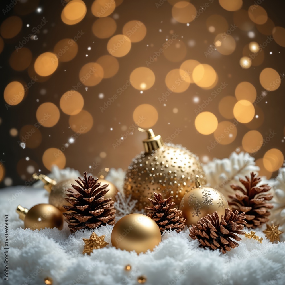 Obraz premium Golden baubles pinecones and white branches on snow. Blurred warm lights background. Merry Christmas winter holiday festive decoration. New Year celebration elements. Season greeting card.